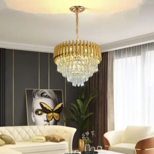 Lustre Suspension cristal moderne Gold Diamètre 30cm + 4 Lampes LED FLAMME E14 OFFERTE